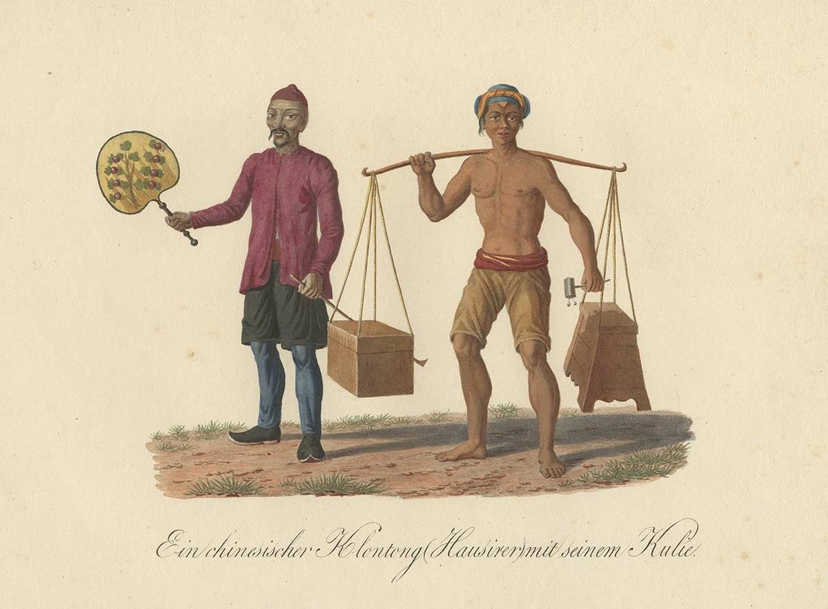 Original Print of a Chinese Peddler and His Day Laborer in Indonesia, ca 1830