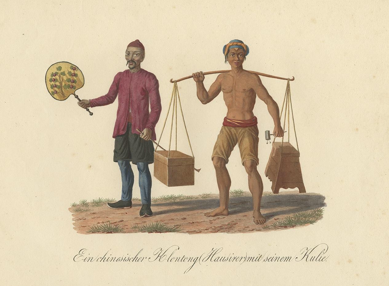 Stampa originale di un venditore ambulante cinese e del suo lavoratore a giornata in Indonesia, 1830 ca. In condizioni buone in vendita a Langweer, NL