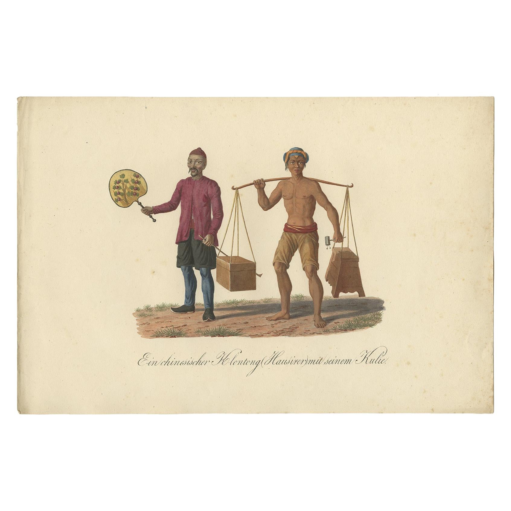 Original Print of a Chinese Peddler and His Day Laborer in Indonesia, ca 1830 For Sale