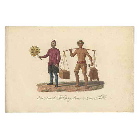 Original Print of a Chinese Peddler and His Day Laborer in Indonesia, ca 1830