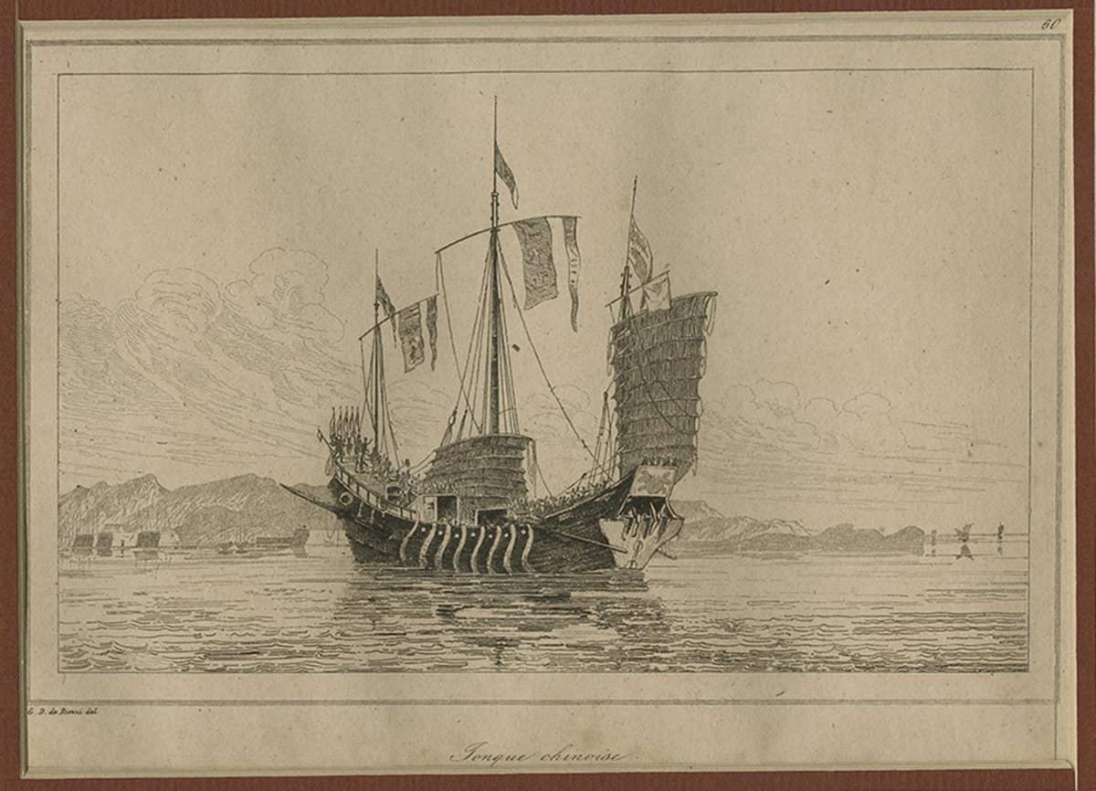 Antique Print of a Chinese Sailing Ship, 1840