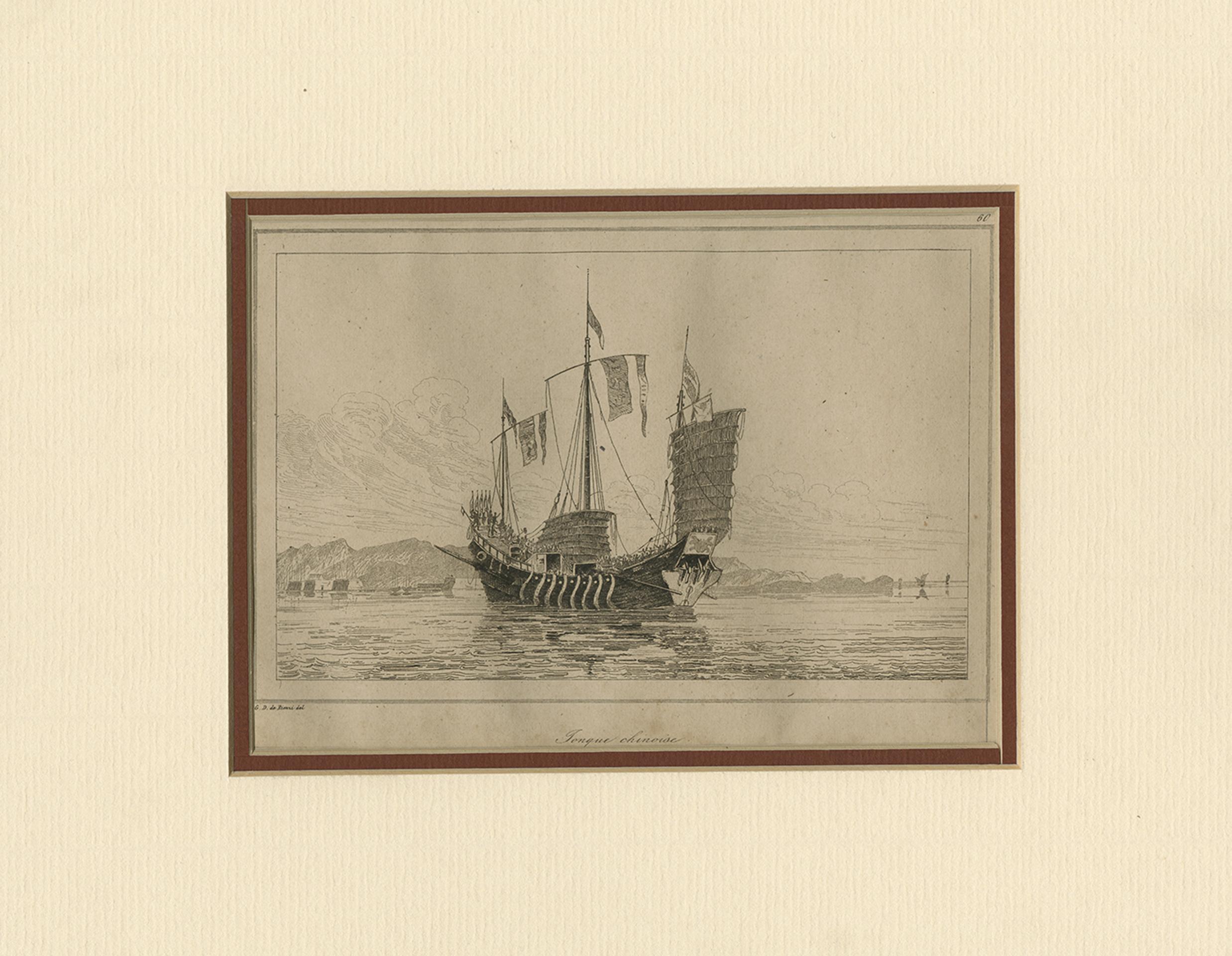 Antique Print of a Chinese Sailing Ship, 1840 For Sale 2