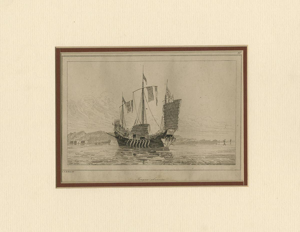 Antique Print of a Chinese Sailing Ship, 1840