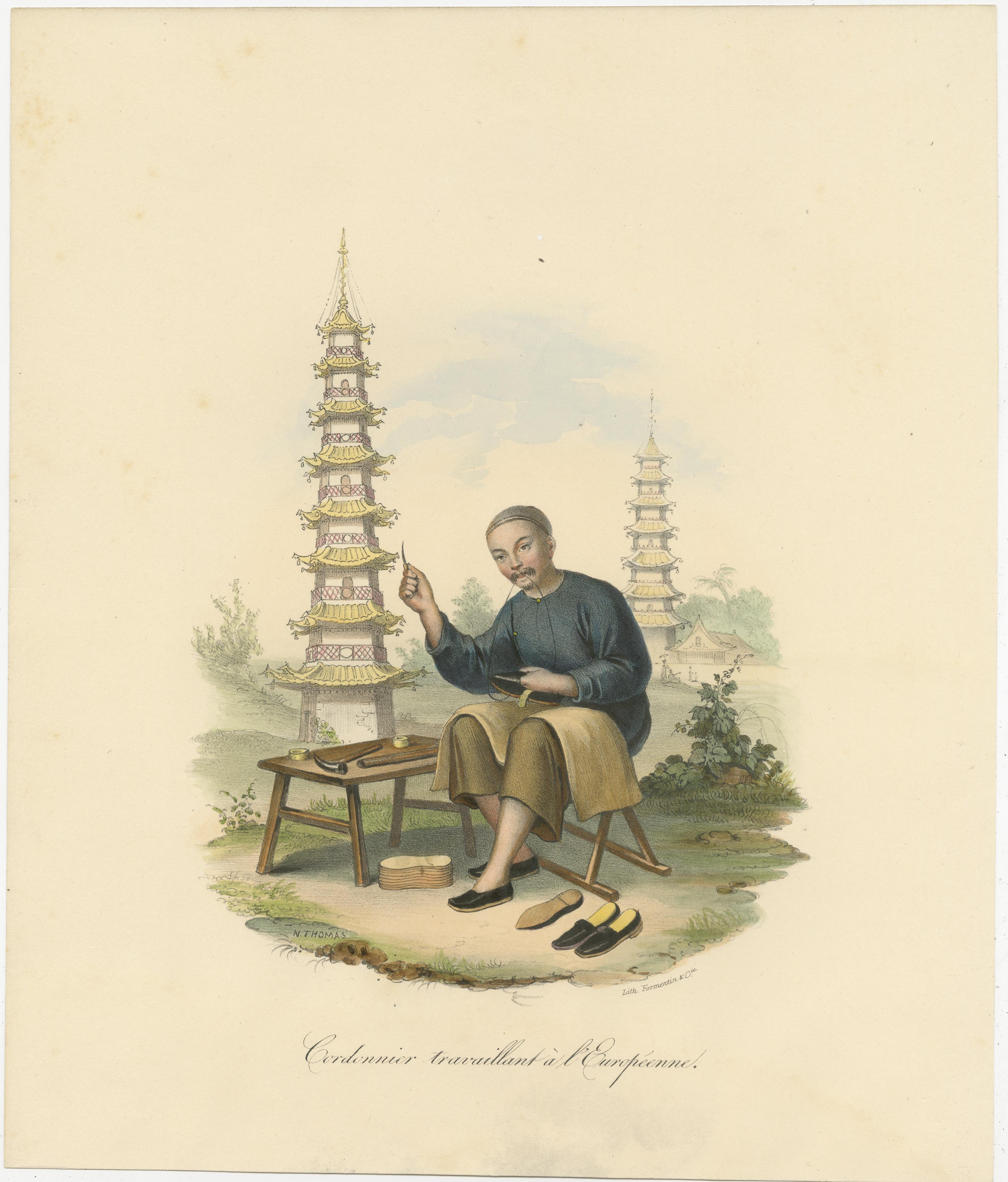 Antique print titled 'Cordonnier travaillant à l'Européenne'. Print of a Chinese shoemaker, European style. Published by Formentin & Cie, circa 1830.