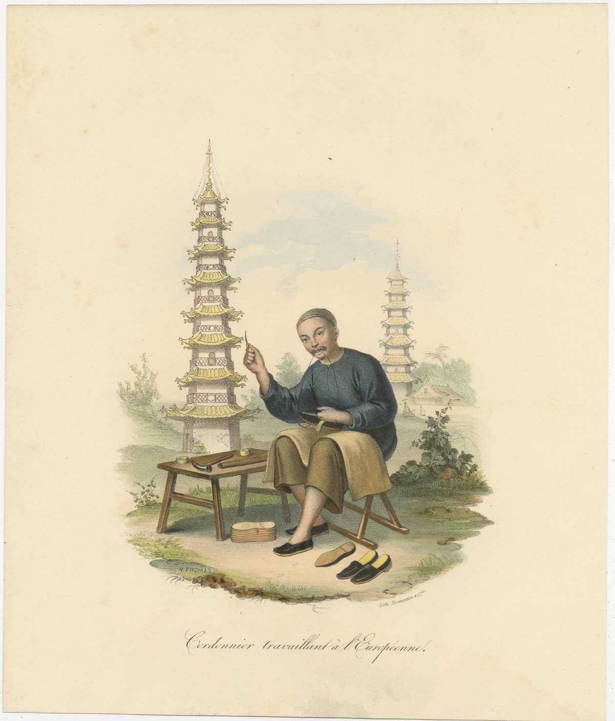 Original Antique Print of a Chinese Shoemaker, European Style