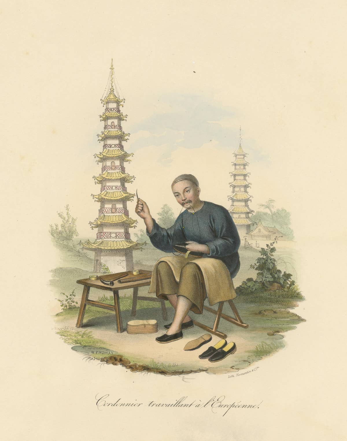Original Antique Print of a Chinese Shoemaker, European Style