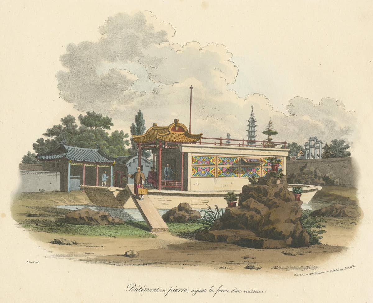 Antique Print of a Chinese Stone Building in the Shape of a Ship