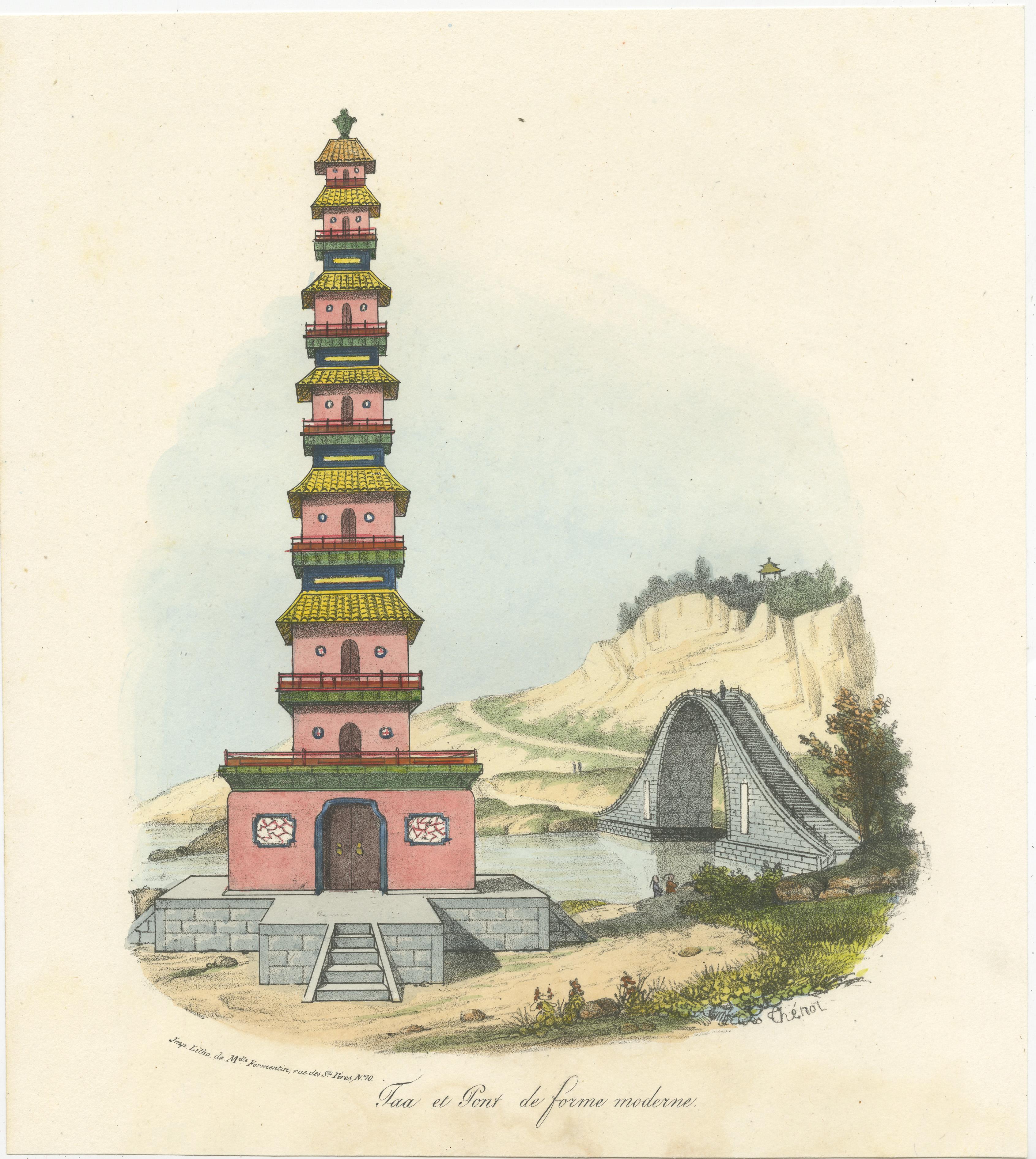 Antique print titled 'Taa et Pont de forme moderne'. Original old print of a Chinese taa and bridge. A taa is a kind of pagoda. This print originates from 'La Chine, moeurs, usages, costumes, arts et métiers, peines civiles et militaires, cérémonies