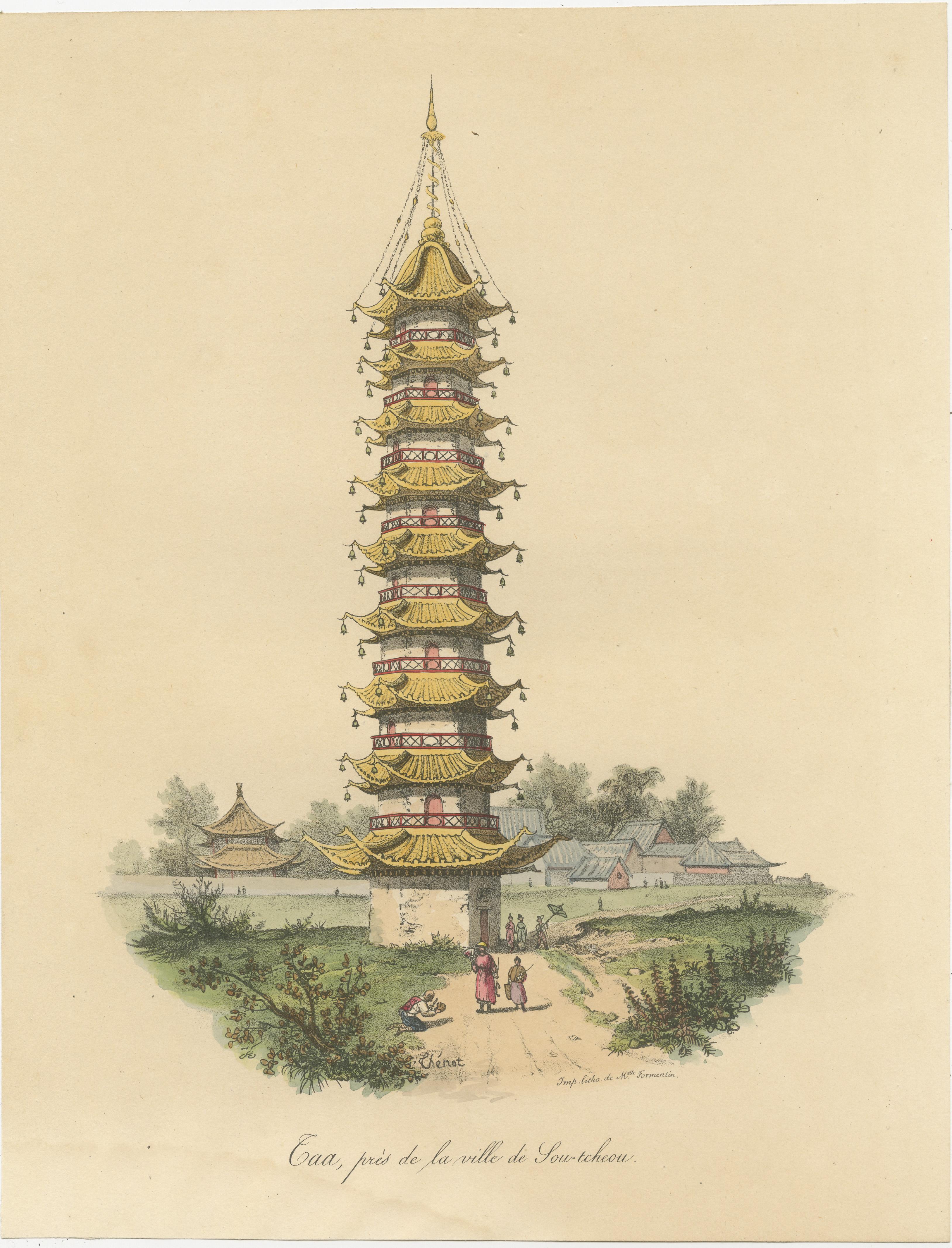 Antique print titled 'Taa, près de la ville de Sou-tcheou'. Original old print of a Chinese taa near Sou-Tcheou. A taa is a kind of pagoda. This print originates from 'La Chine, moeurs, usages, costumes, arts et métiers, peines civiles et