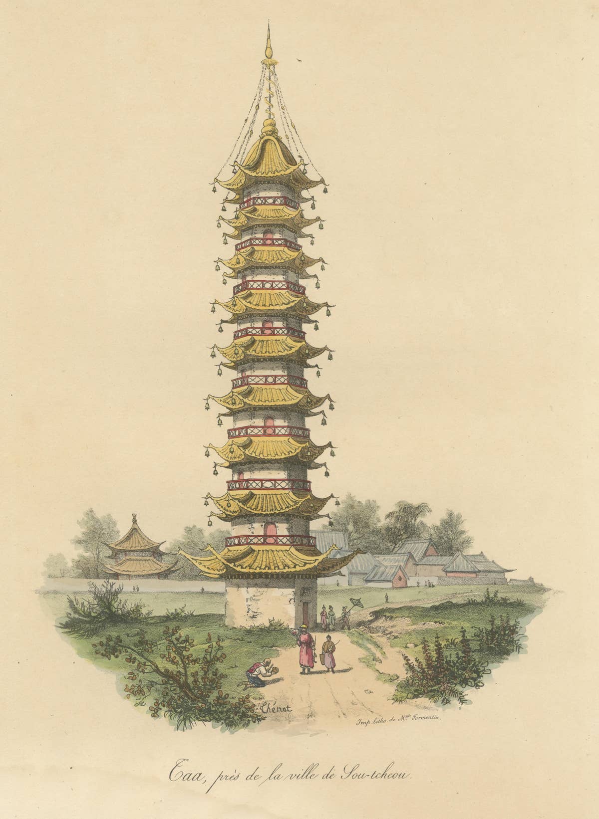 Antique Print of a Chinese Taa Near Sou-Tcheou