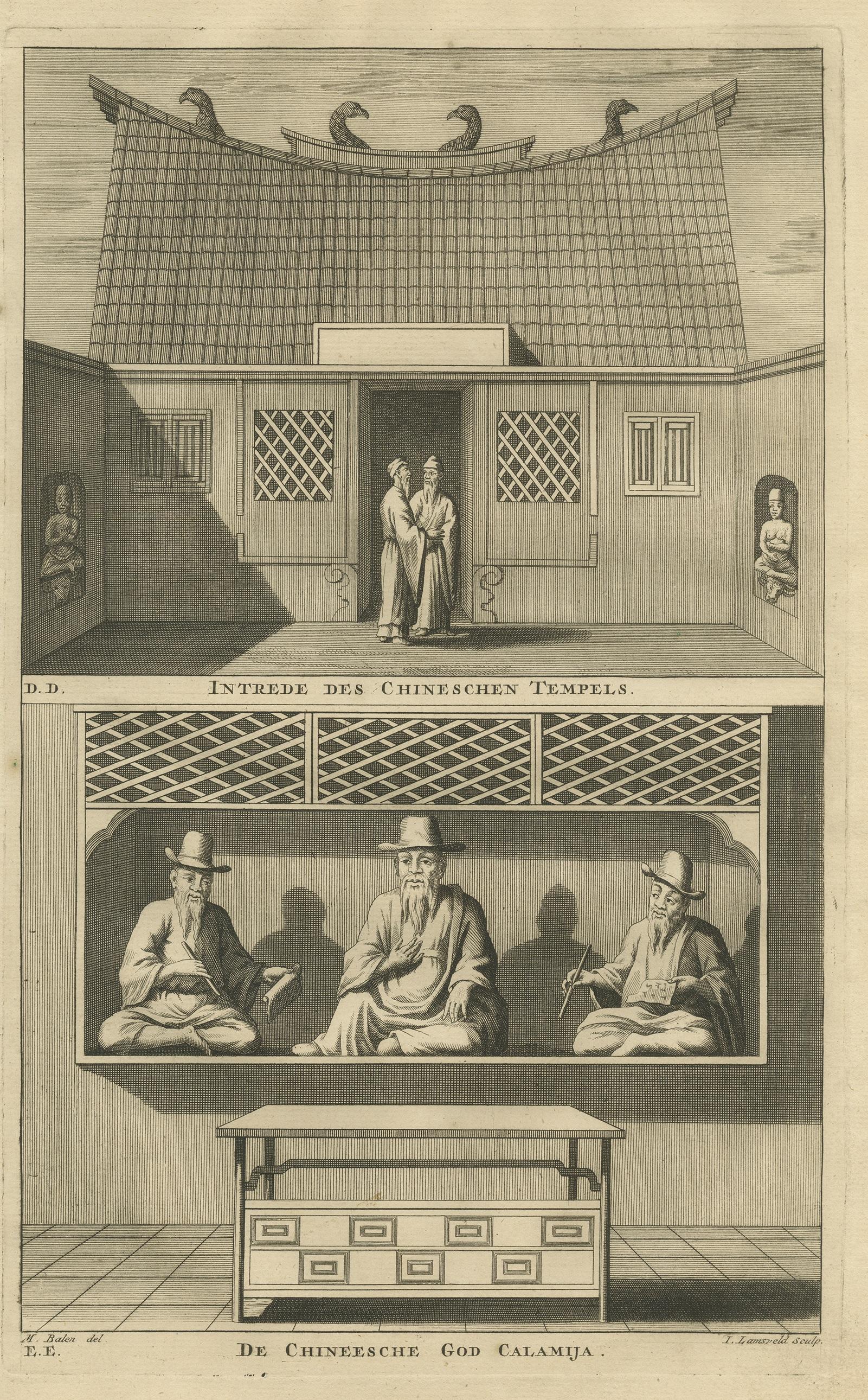 Antique print titled 'Intrede des Chineschen Tempels - De Chineesche God Calamija'. Copper engraving of the entrance of the Chinese Temple in Batavia, Indonesia. Below the Chinese deity Calamija. This print originates from 'Oud en Nieuw Oost-Indiën'