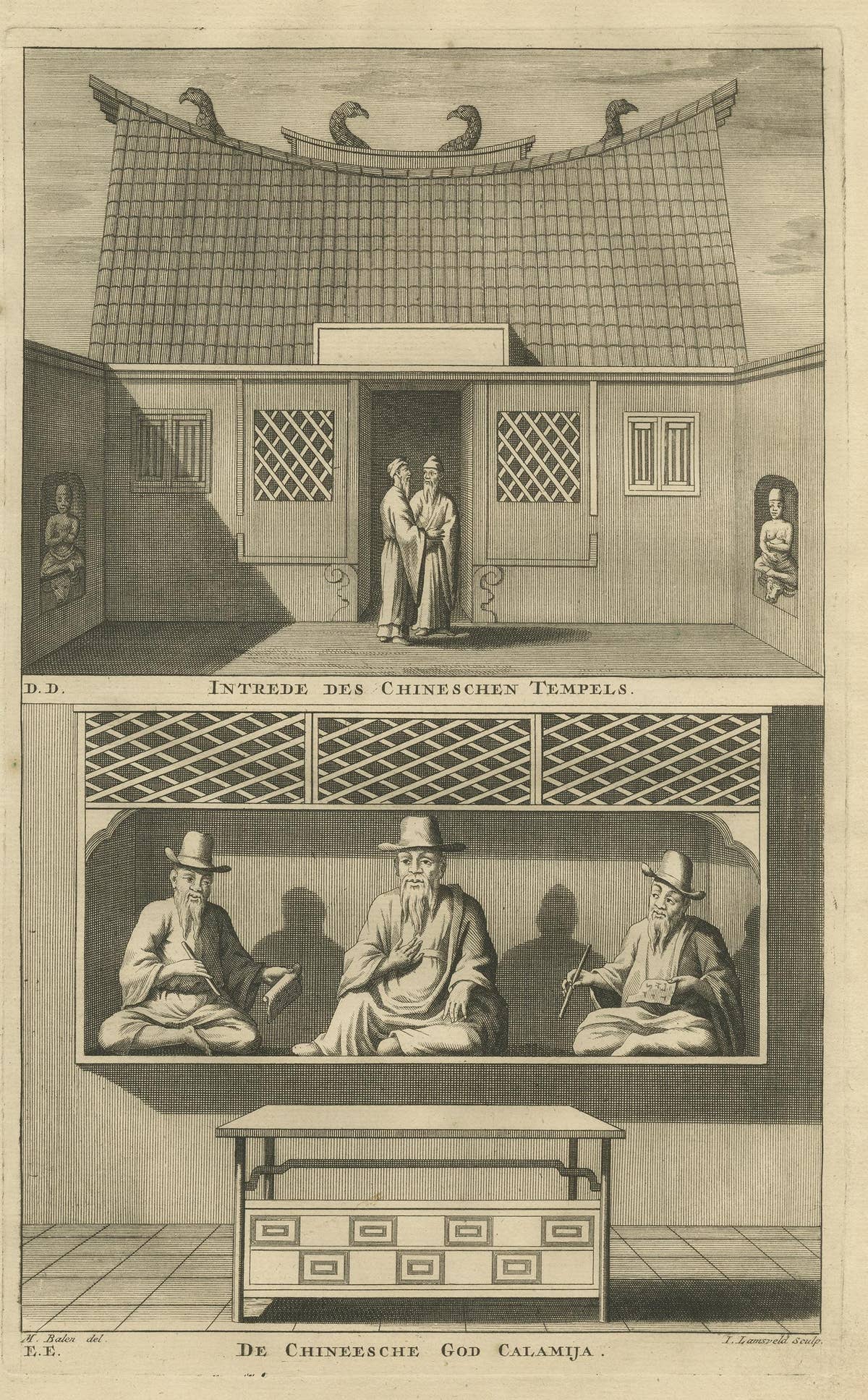 Antique Print of a Chinese Temple and Chinese Deity by Valentijn, '1726'