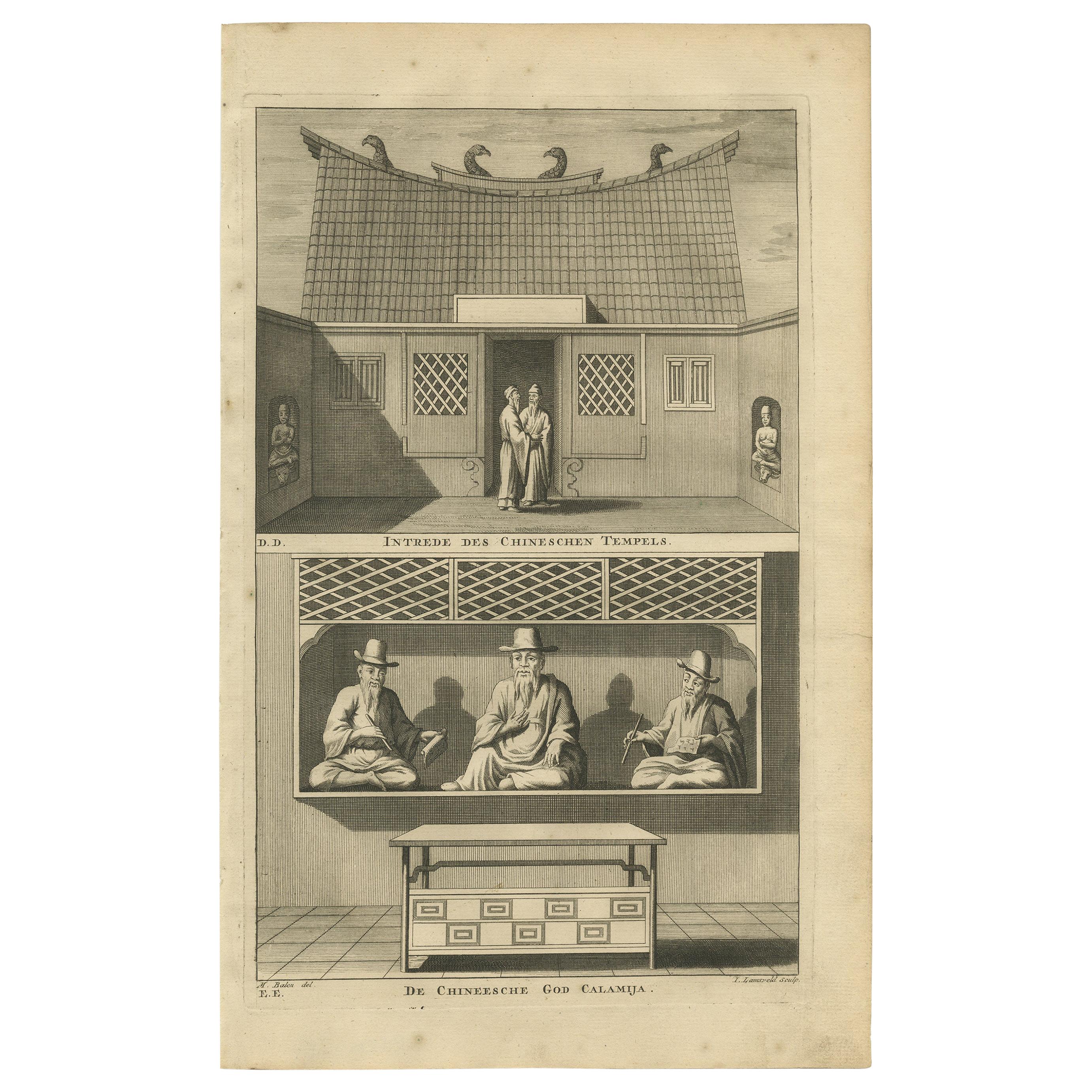 Antique Print of a Chinese Temple and Chinese Deity by Valentijn, '1726' For Sale