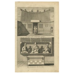 Antiker antiker Druck eines chinesischen Tempels und einer chinesischen Gottheit von Valentijn, 1726