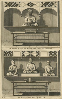 Antique Print of a Chinese Temple and Chinese Deity Calamija by Valentijn, 1726