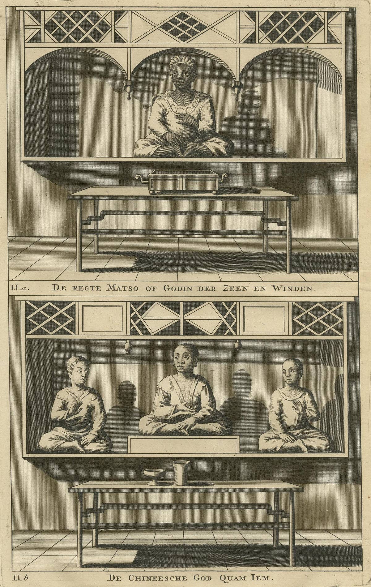 Antique Print of a Chinese Temple and Chinese Deity Calamija by Valentijn, 1726