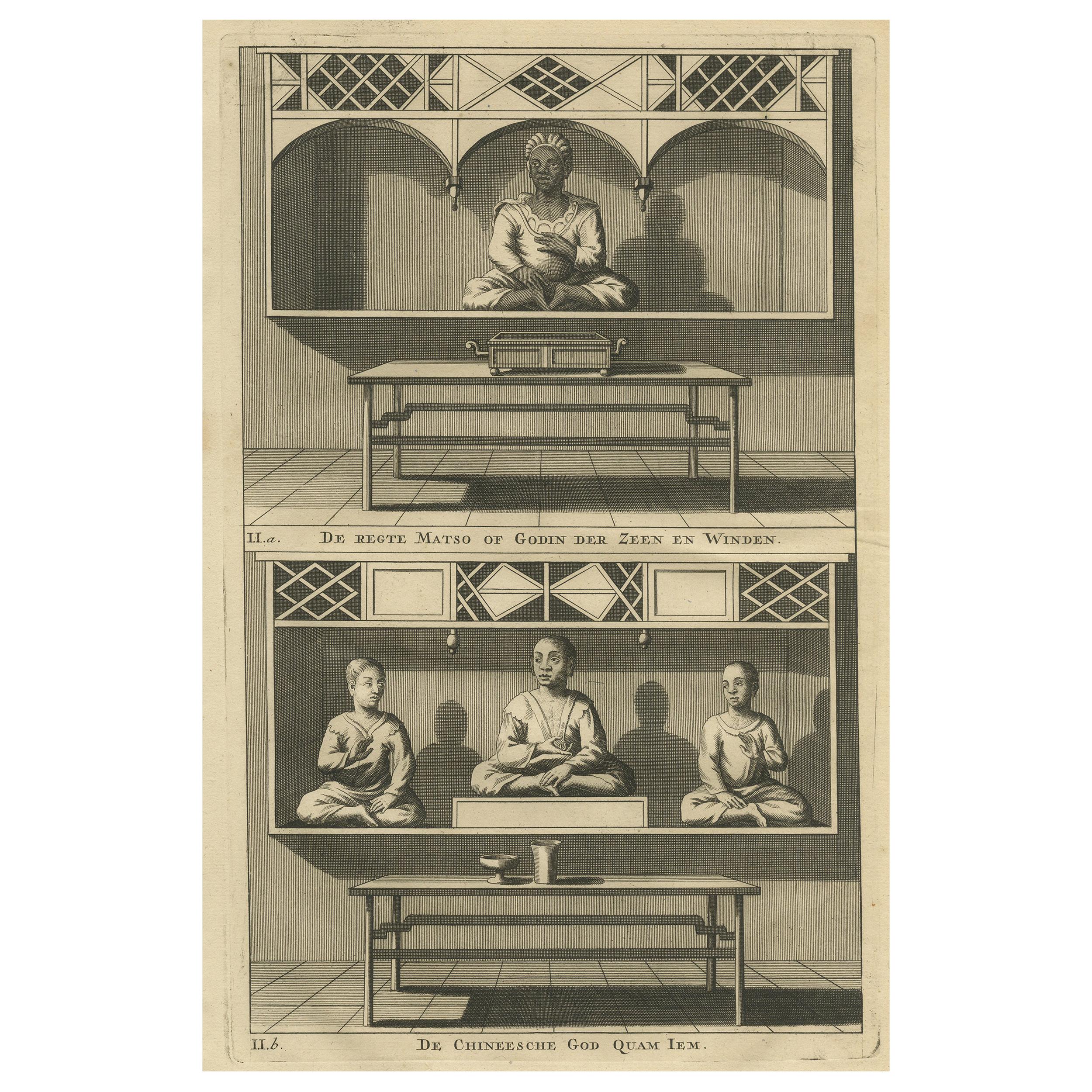 Antiker antiker Druck eines chinesischen Tempels und einer chinesischen Gottheit Calamija von Valentijn, 1726