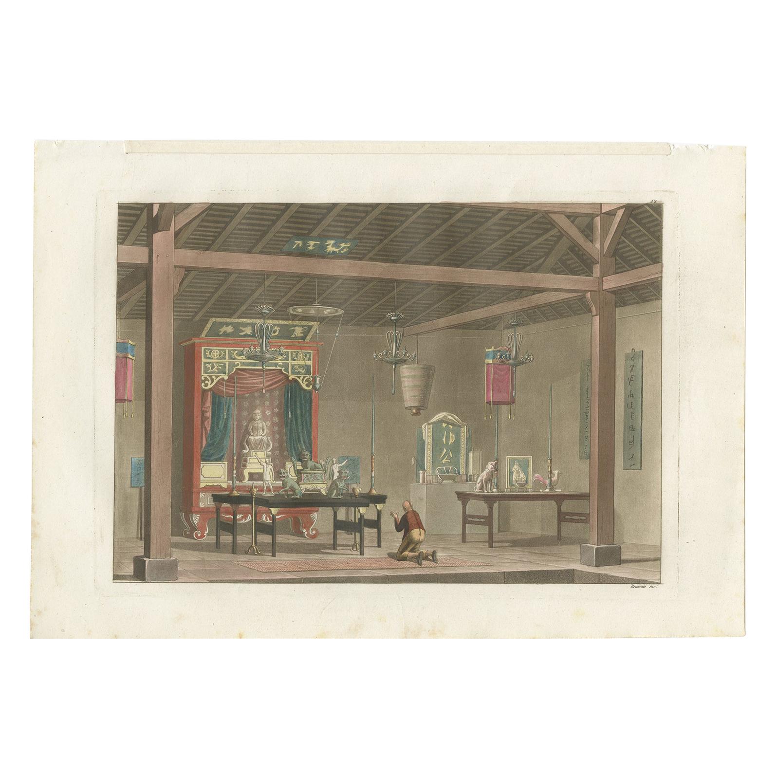 Antiker Druck eines chinesischen Tempels in Kupang von Ferrario, '1831'