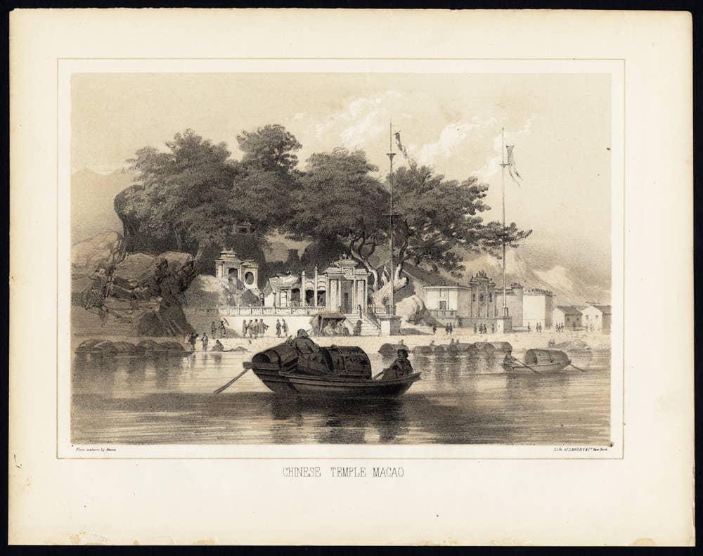 Antique Print of a Chinese Temple in Macao or Macau, 1856