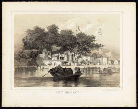 Antique Print of a Chinese Temple in Macao or Macau, 1856
