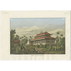 Antique Print of a Chinese Tomb Pagoda in China, C.1875