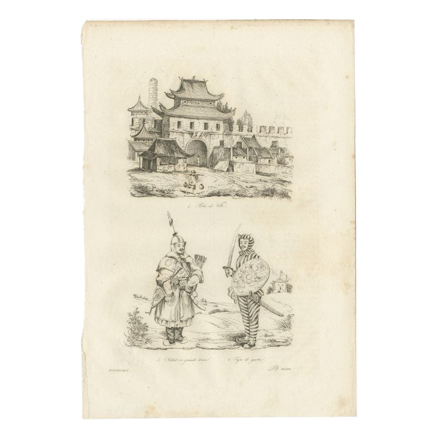 Impression ancienne d'un village chinois et de soldats chinois par Dumont d'Urville en vente