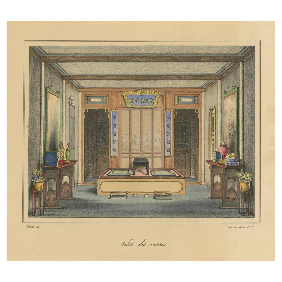 Antique Print of a Chinese Visiting Room, 1830