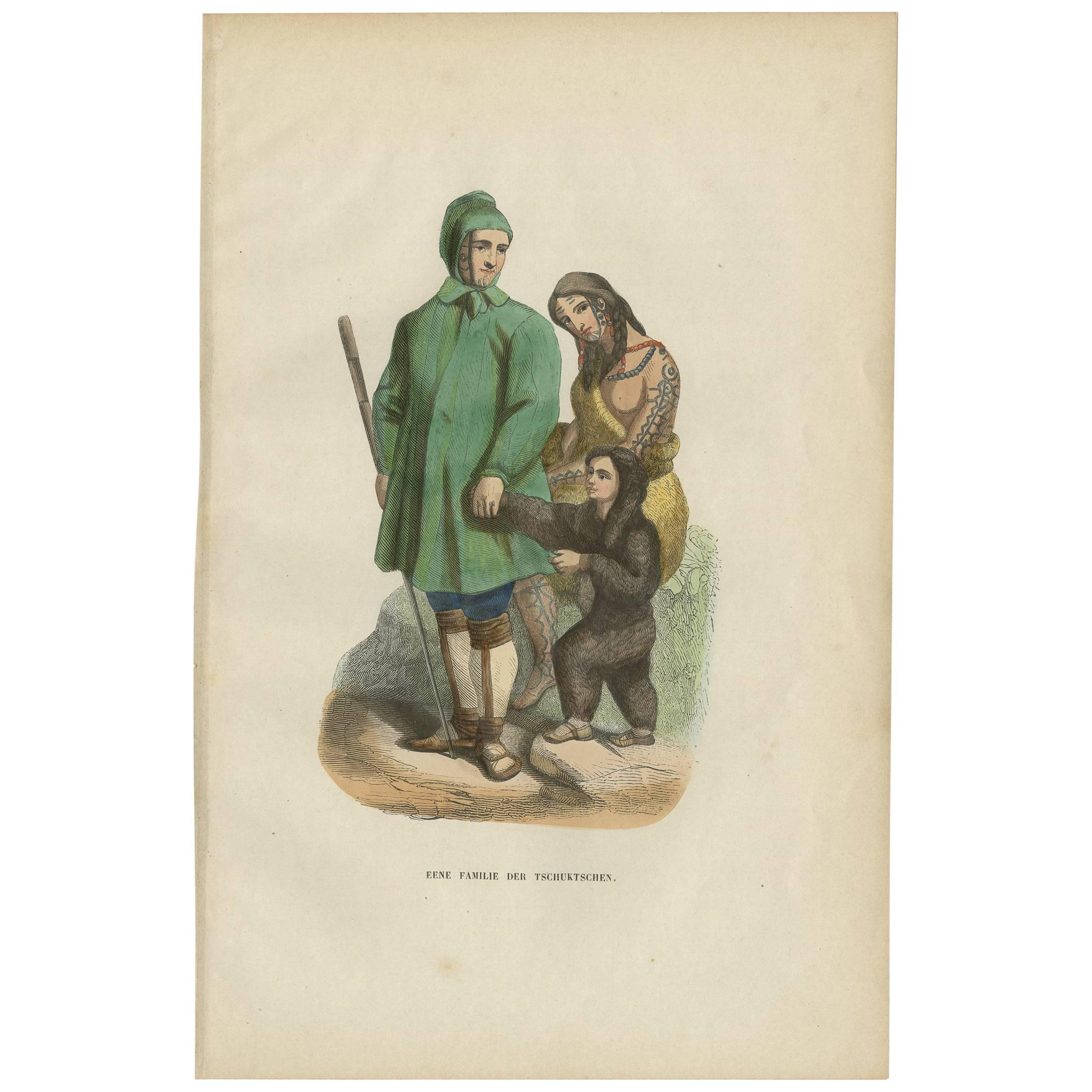 Impression ancienne d'une famille Chuckchi par H. Berghaus, 1855 en vente