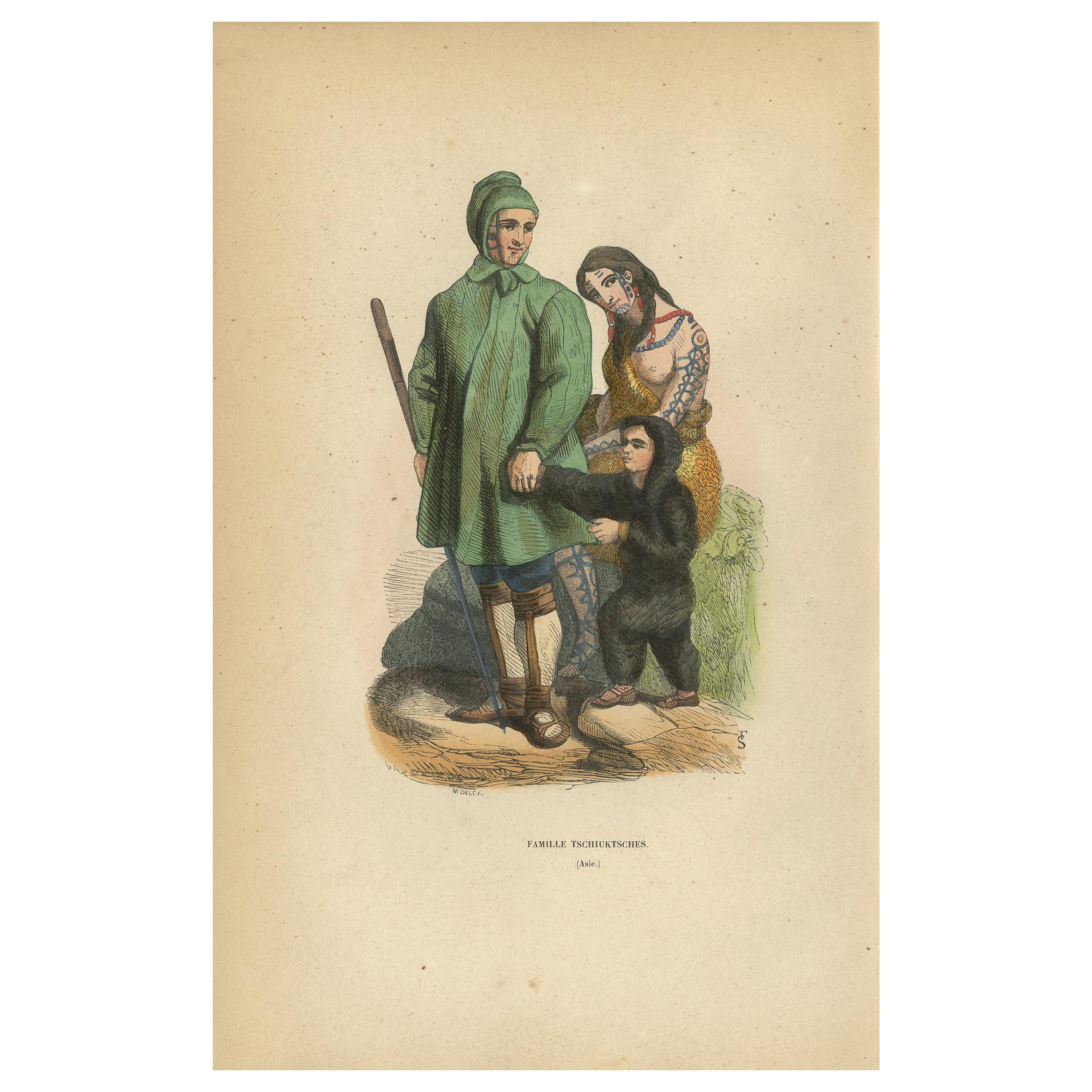 Antique Print of a Chukchi Family by Wahlen, 1843