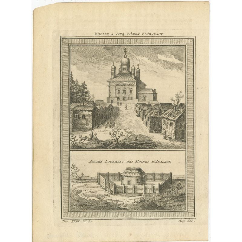 Antique print titled 'Eglise a Cinq Dômes d'Abalack (..)'. Copper engraving of a church with five domes, Znamenski monastery, Abalak. Below, an ancient monks quarters of Abalak. This print originates from volume 18 of 'Histoire generale des voyages