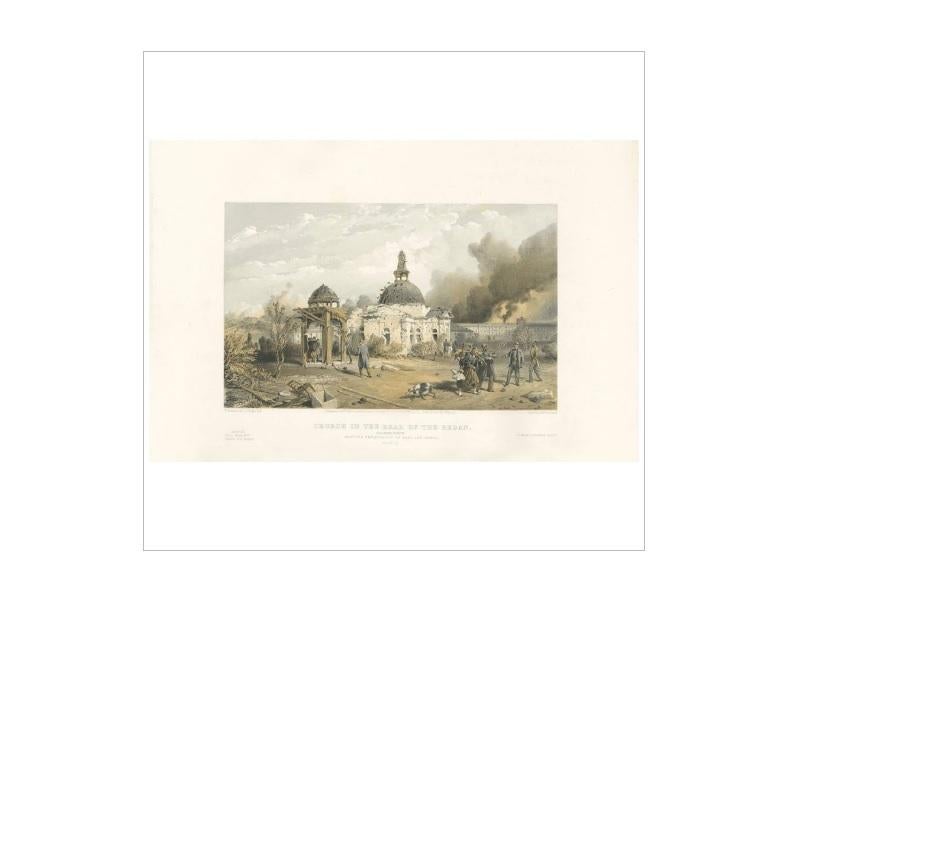 Antique print titled 'Church in the rear of the Redan, looking north, showing the effects of shot and shell'. This print originates from 'The Seat of the War in the East' by W. Simpson. Published July 18th 1855 by Paul & Dominic Colnaghi & Co.