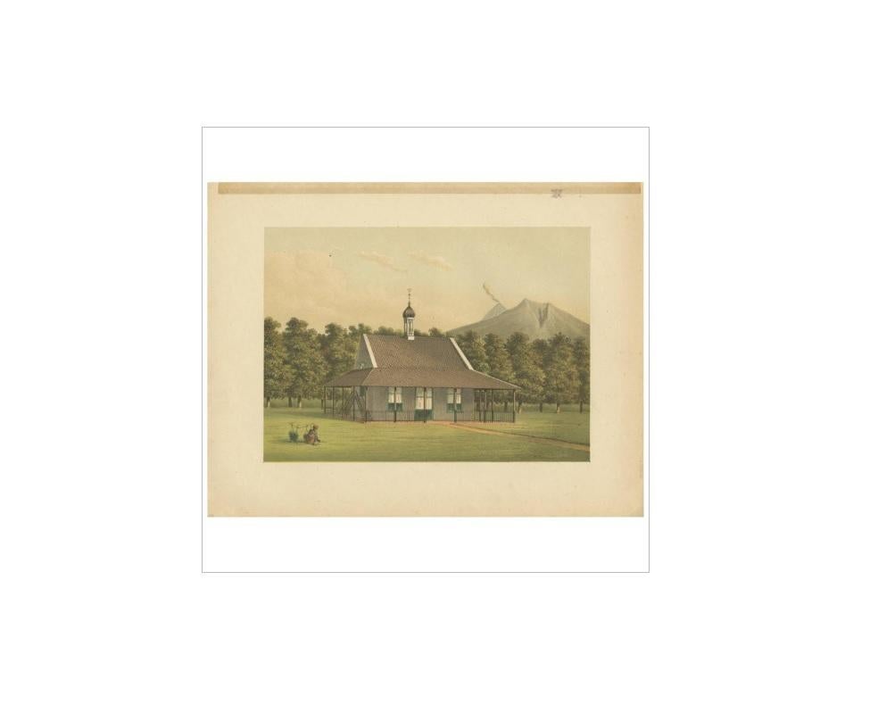 Antique print of a small church in Salatiga, Java, with in the background the Merapi volcano, Indonesia. This print originates from 'Het Kamerlid van Berkestein in Nederlandsch-Indie.', (translation: van Berkestein, member of the Dutch Parliament in