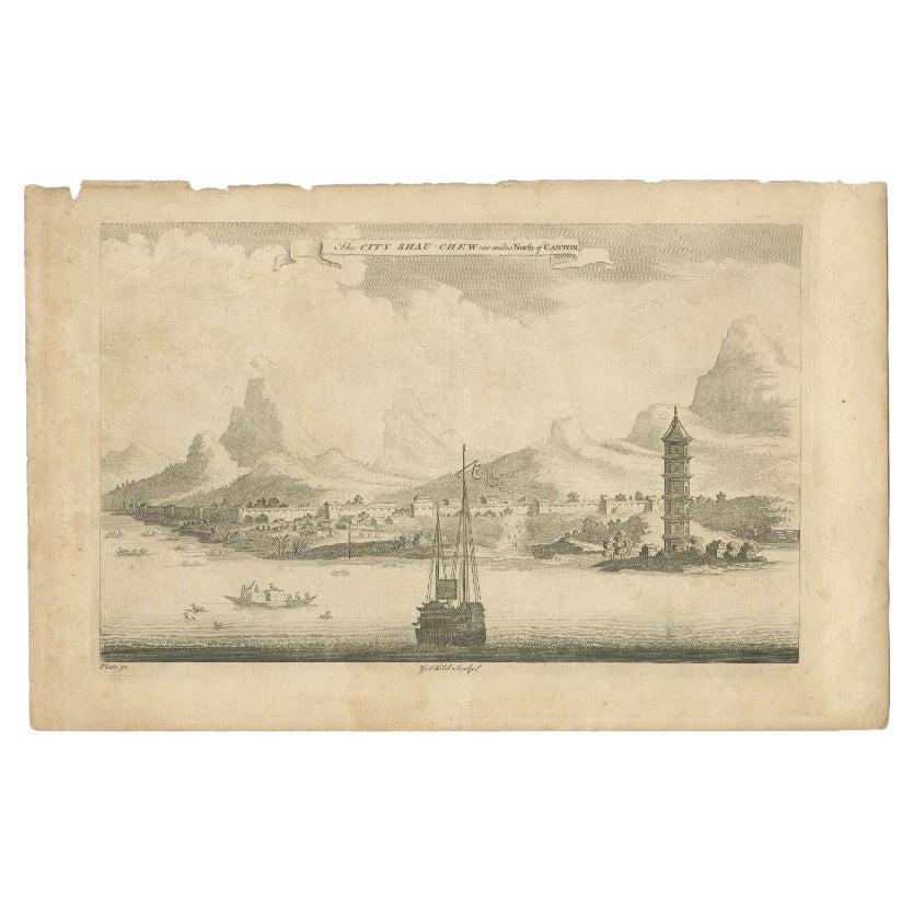 Antiker Druck einer Stadt in der Nähe eines Kantons, China, um 1745