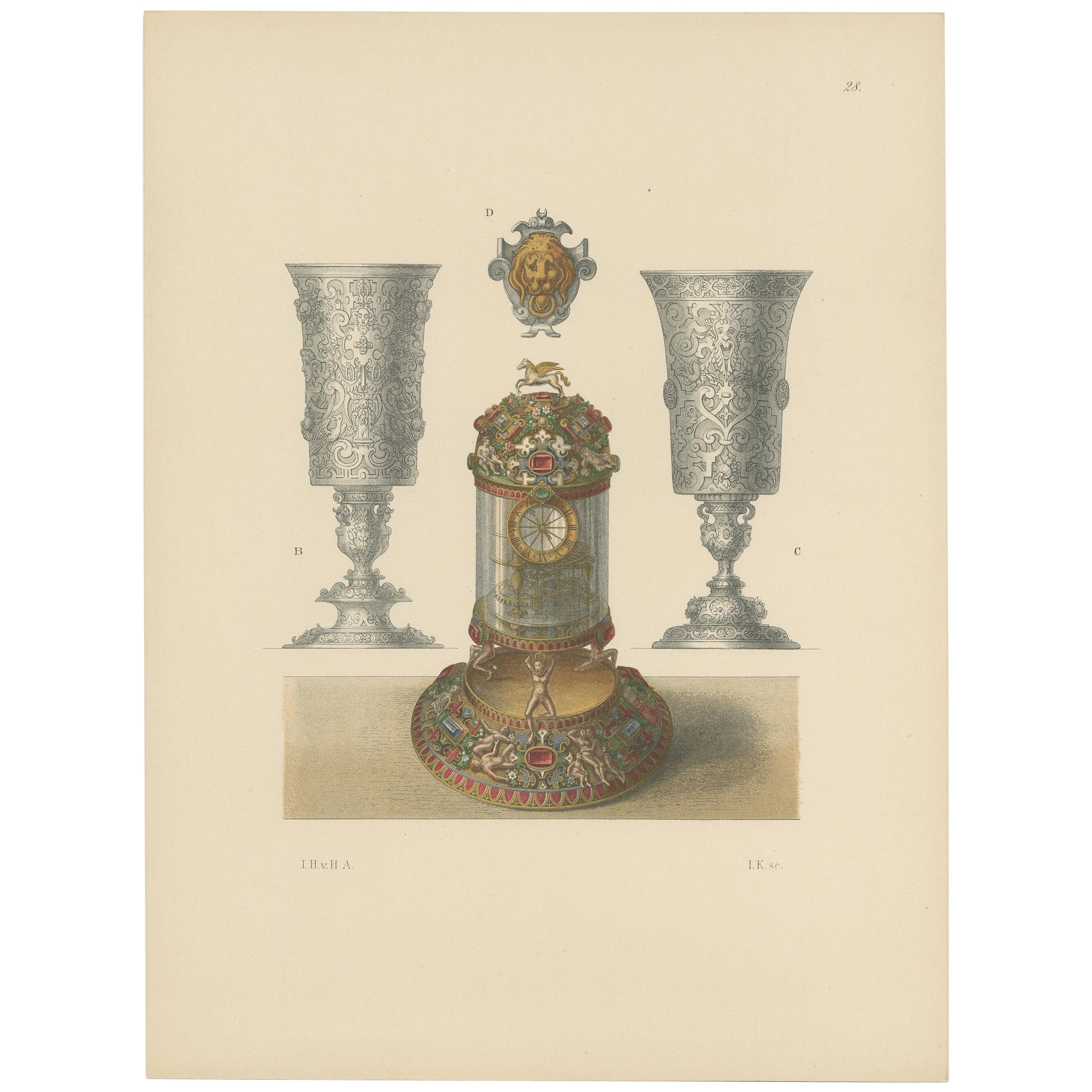 Antique Print of a Clock and Chalices by Hefner-Alteneck, '1890' For Sale