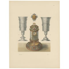 Antique Print of a Clock and Chalices by Hefner-Alteneck, '1890'