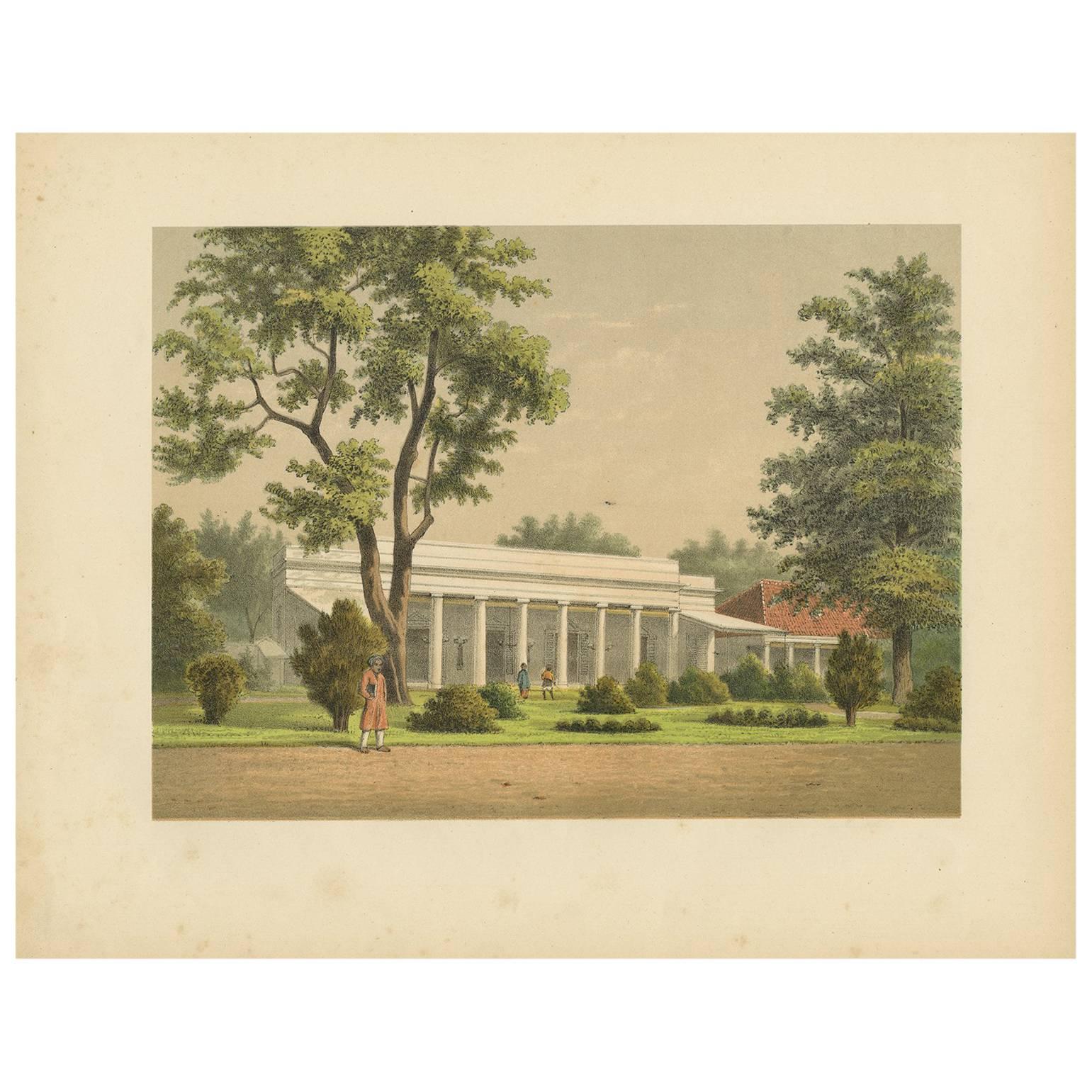 Antiker antiker Druck einer Kolonialresidenz in Batavia von M.T.H. Perelaer, 1888