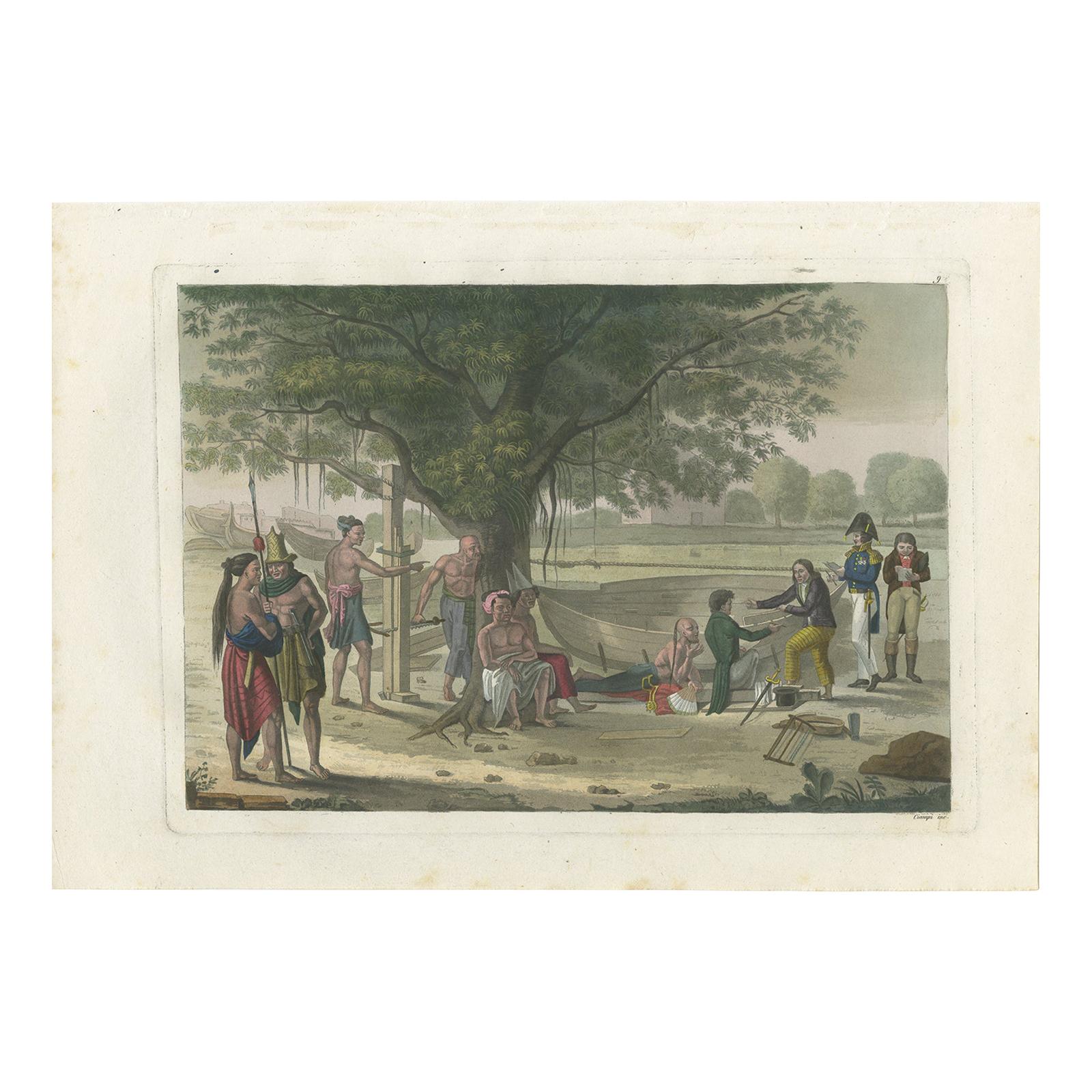 Antique Print of a Construction Site on Timor Island by Ferrario '1831' For Sale