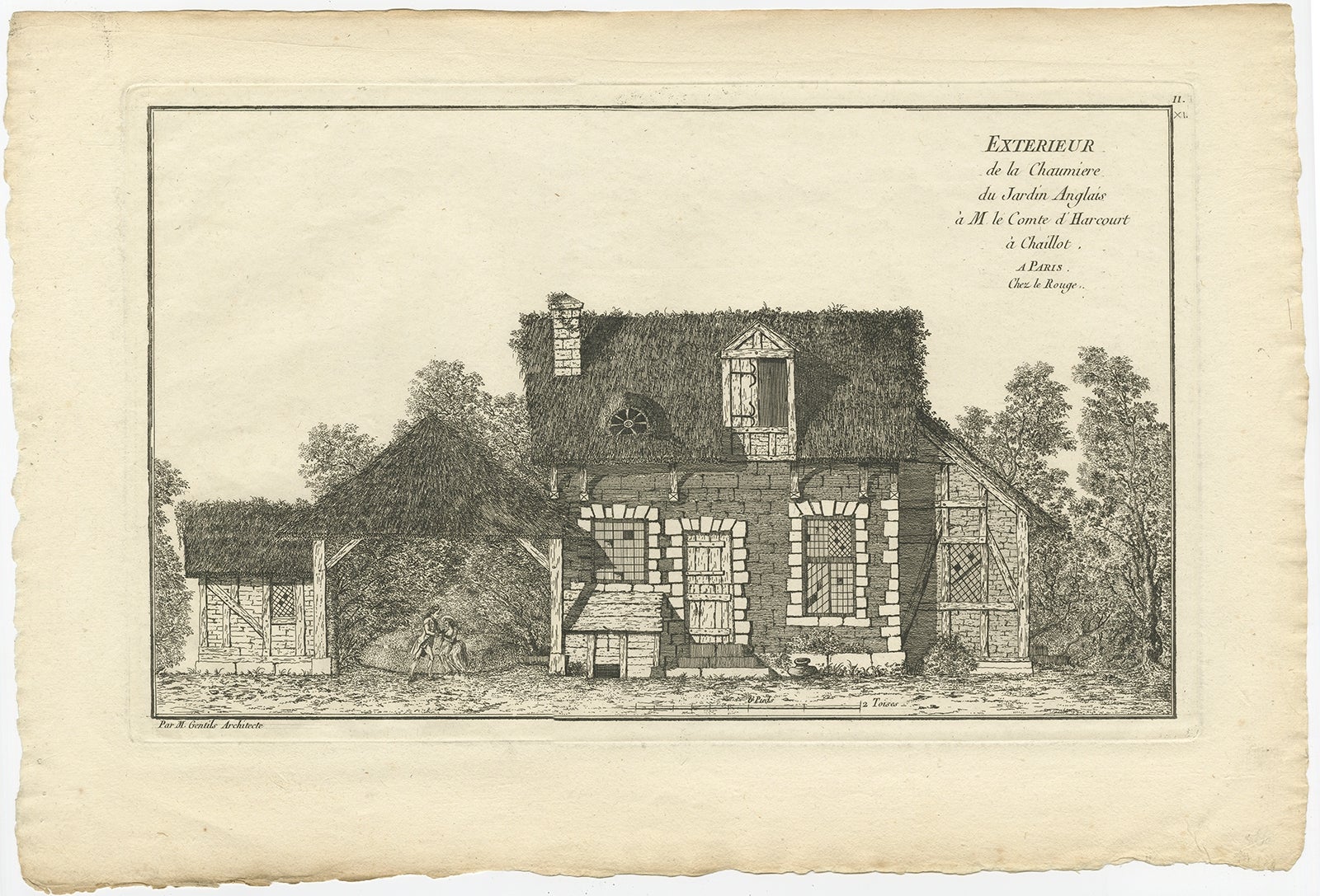 Antique print titled 'Exterieur de la Chaumiere du Jardin Anglais'. 

Copper engraving of a cottage in an English garden. This print originates from 'Jardins Anglo-Chinois à la Mode' by Georg Louis le Rouge. Artists and Engravers: The work of Le