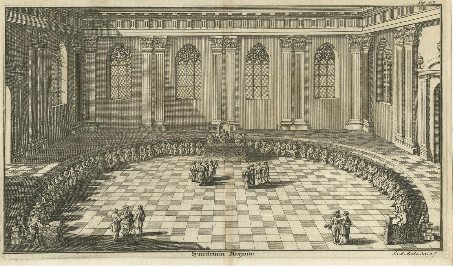 Antique Print of a Council in the Council Chamber by Van den Avele 'circa 1750' In Good Condition For Sale In Langweer, NL