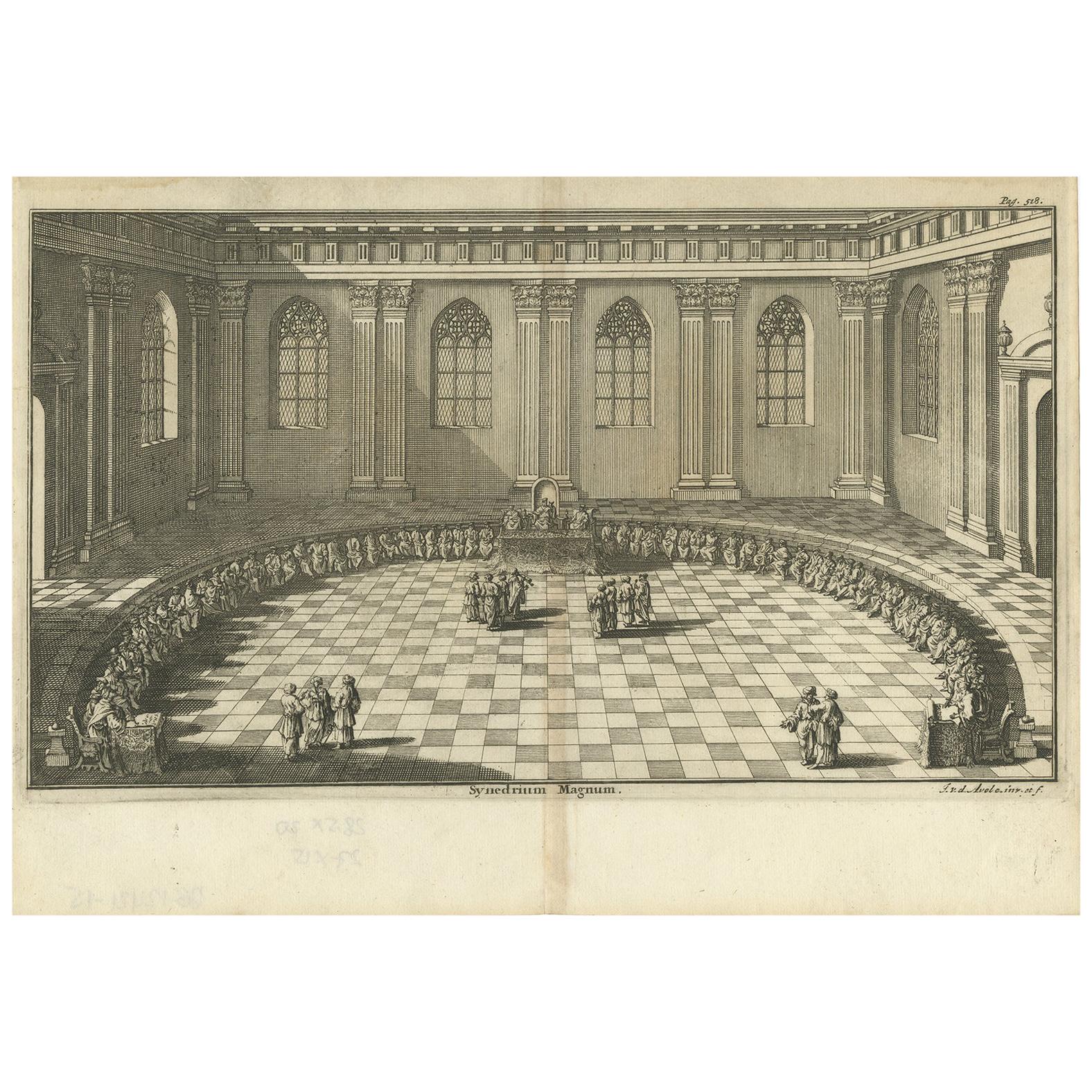 Antique Print of a Council in the Council Chamber by Van den Avele 'circa 1750'