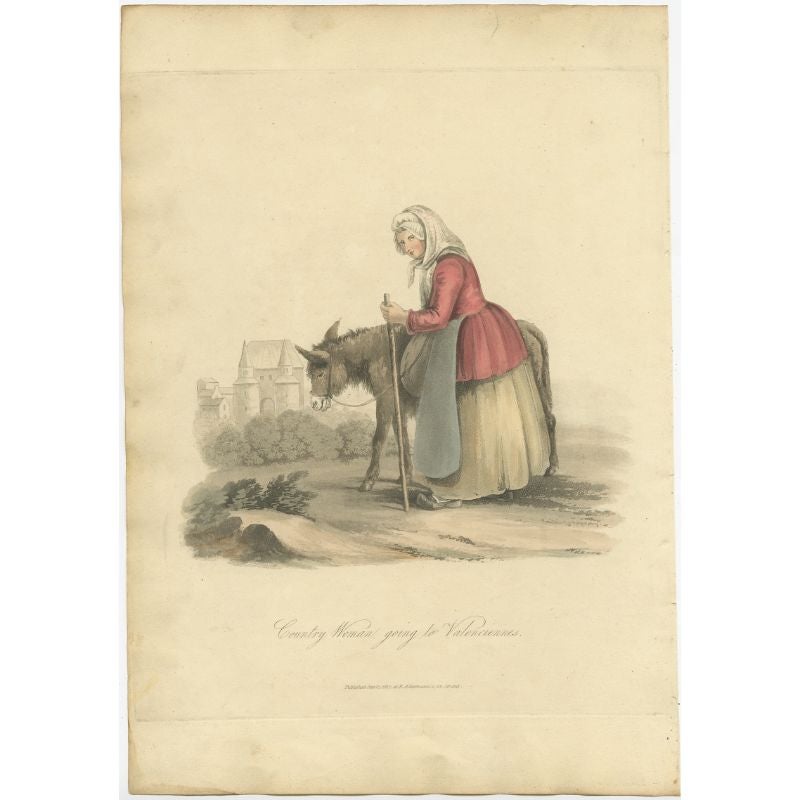 Antique costume print titled 'Country Woman going to Valenciennes'. Old costume print depicting a country woman wioth a donkey, going to Valenciennes. This print originates from 'The Costume of the Netherlands displayed in thirty coloured