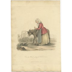 Antique Print of a Country Woman Going to Valenciennes in France, 1817