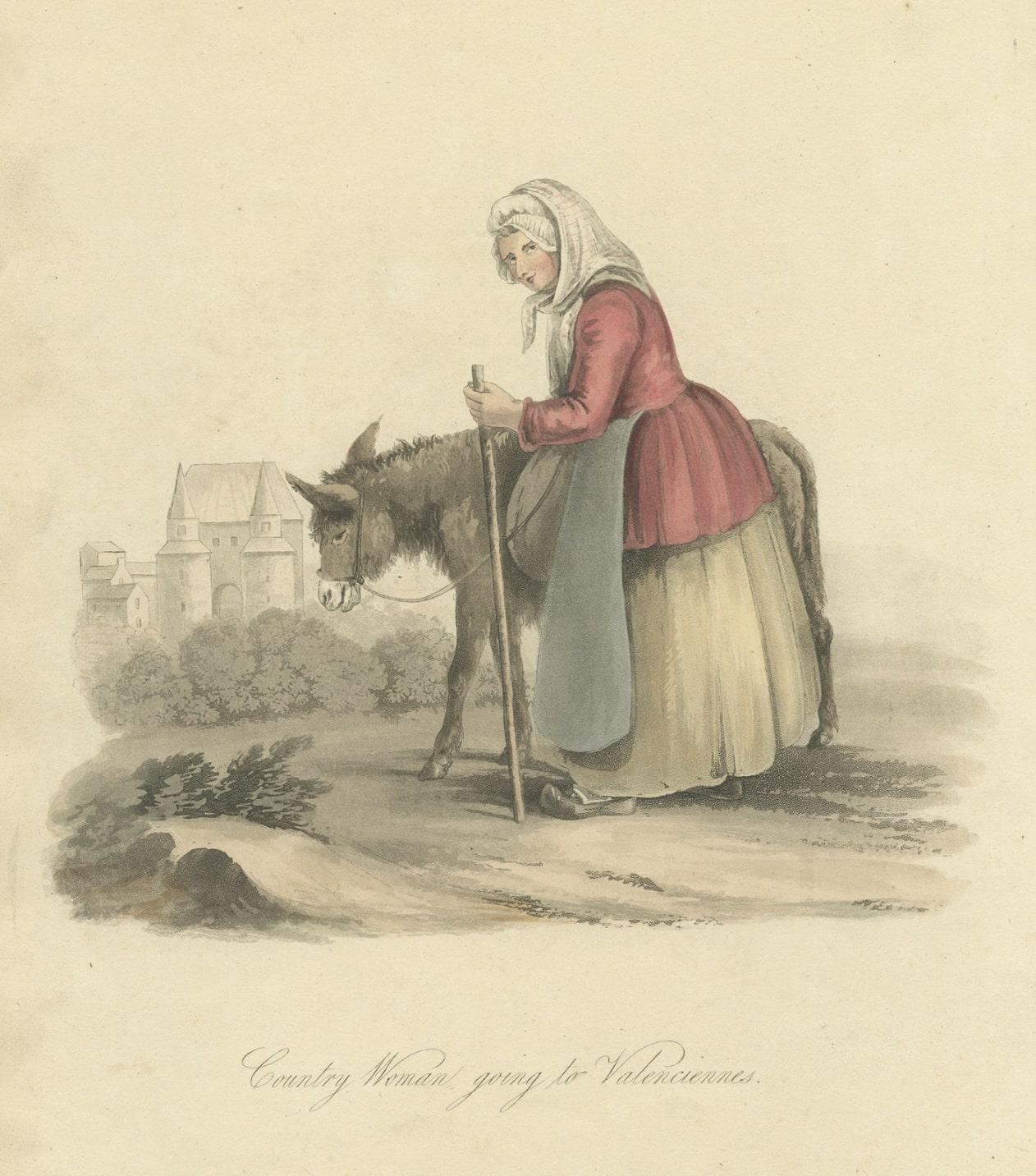 Paper Antique Print of a Country Woman Going to Valenciennes in France, 1817 For Sale