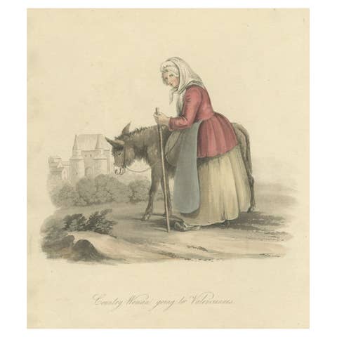 Antique Print of a Country Woman Going to Valenciennes in France, 1817