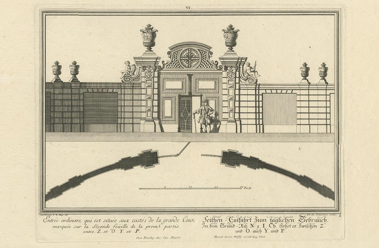 Antique Print of a Courtyard Gate by Wolff, 1736 In Good Condition For Sale In Langweer, NL