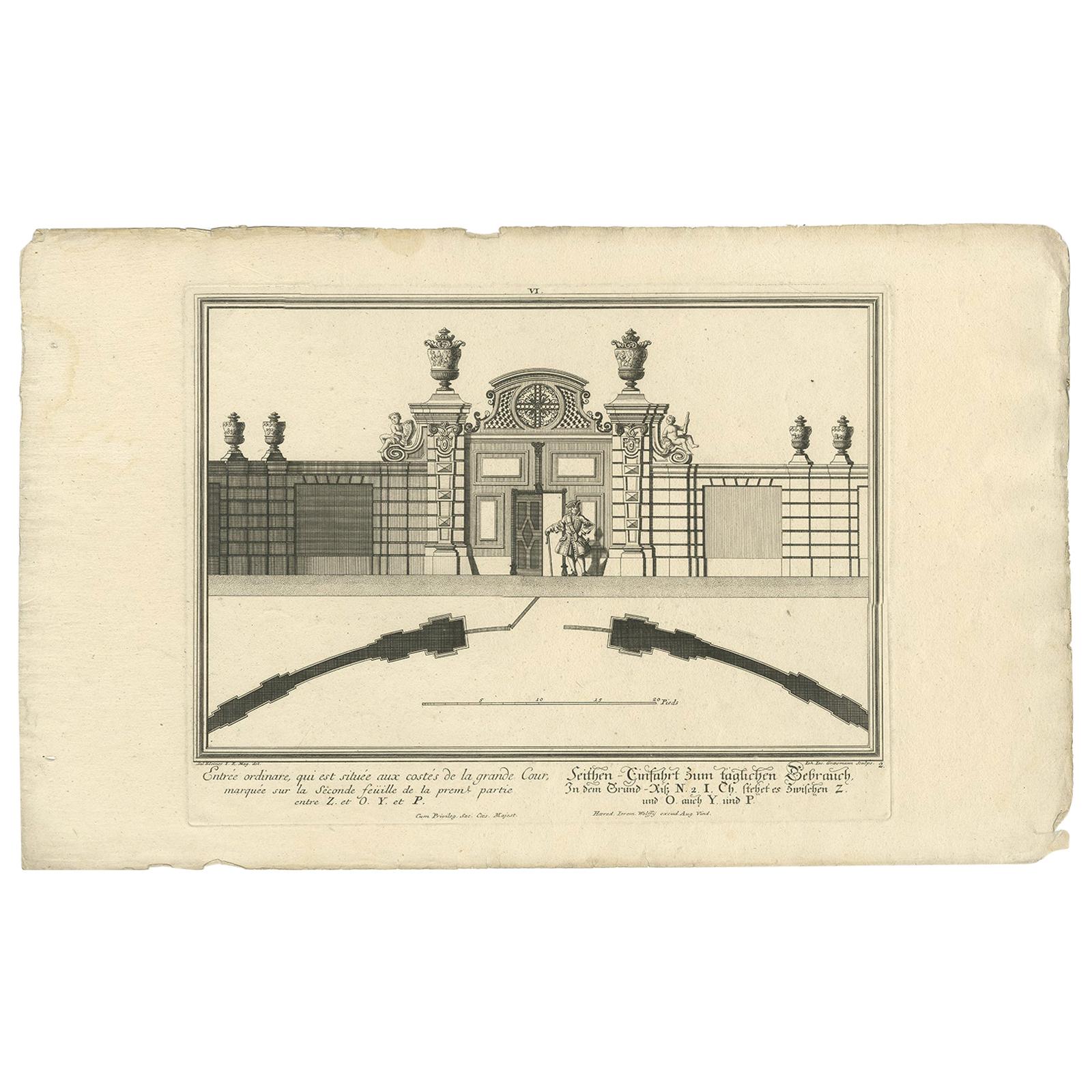 Antique Print of a Courtyard Gate by Wolff, 1736