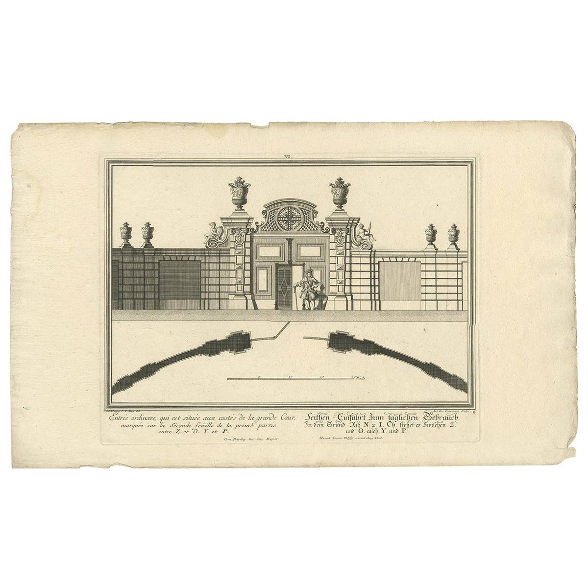 Antique Print of a Courtyard Gate by Wolff, 1736