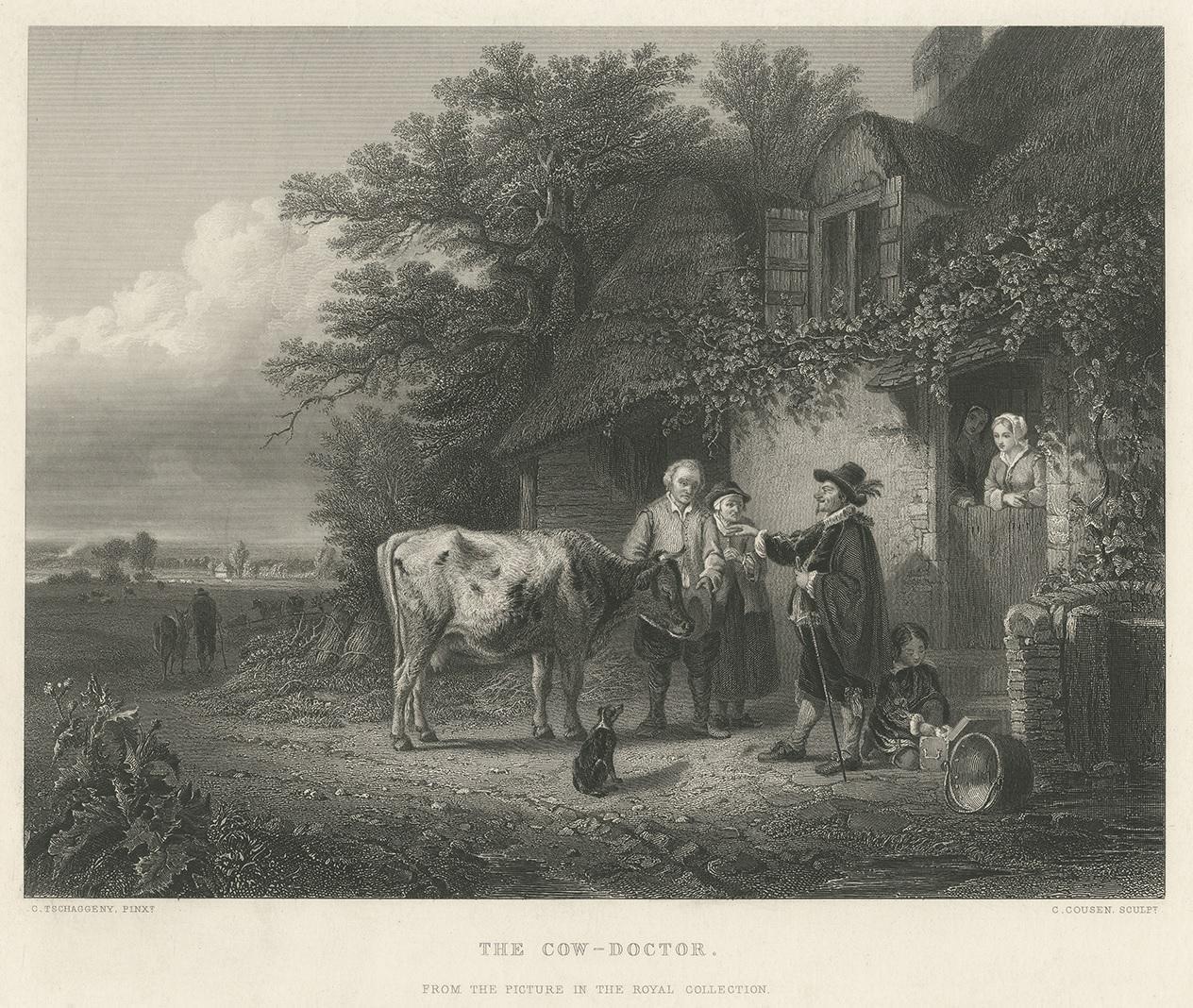 Antique print titled 'The Cow-Doctor'. Steel engraving of a cow doctor, standing outside a rural cottage and pointing to an ailing cow, observed by its anxious owners. Engraved by C. Cousen after the 1845 painting by Edmond Tschaggeny, then in the