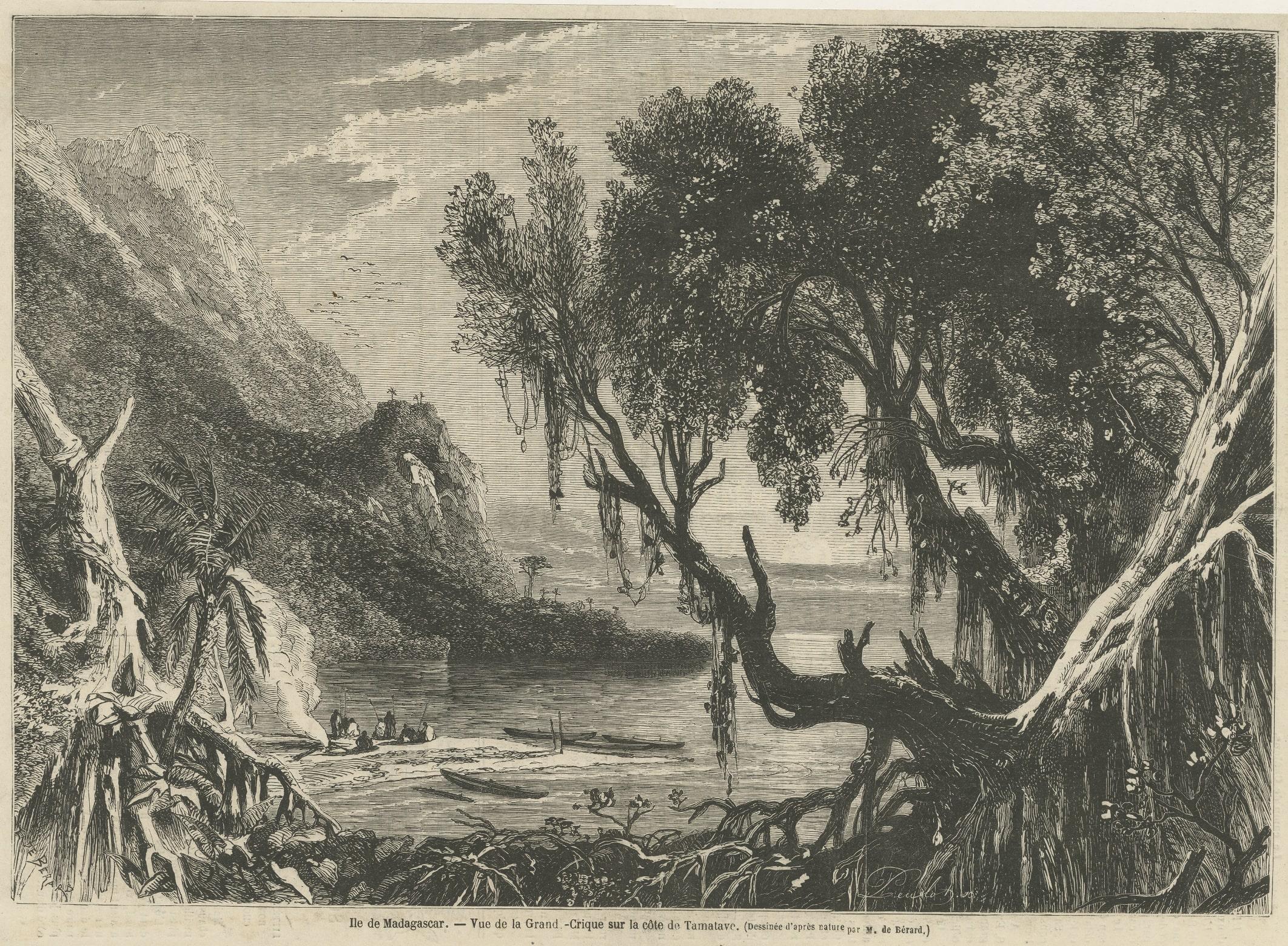 Antique Print of a Creek near the coast of Toamasina, Madagascar In Fair Condition For Sale In Langweer, NL