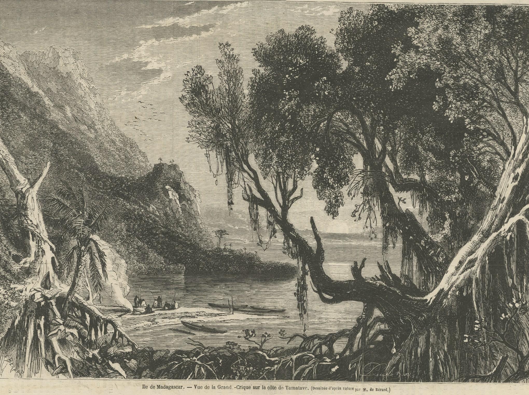19th Century Antique Print of a Creek near the coast of Toamasina, Madagascar For Sale